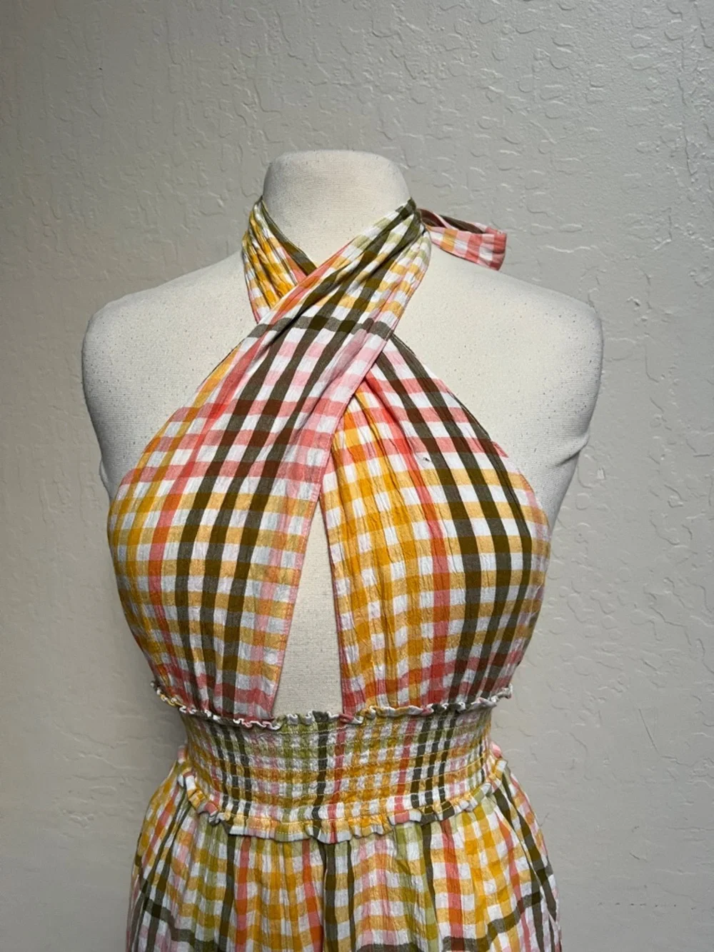 Aerie Spring Fling Plaid Criss Cross Halter Dress NWT - Picture 3 of 5